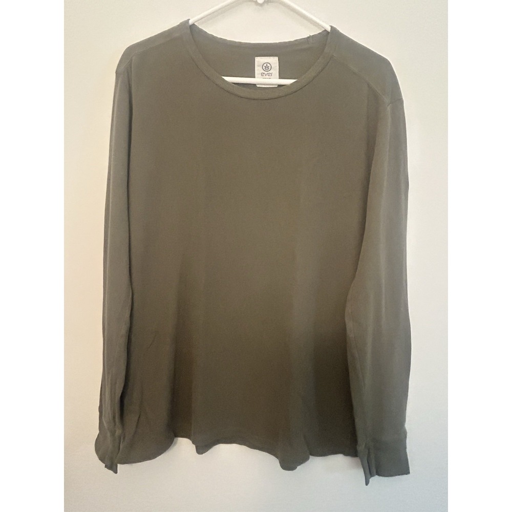 EVER Olive Green Solid Crew Long Sleeve Top Tee Shirt Cotton Pullover Mens M